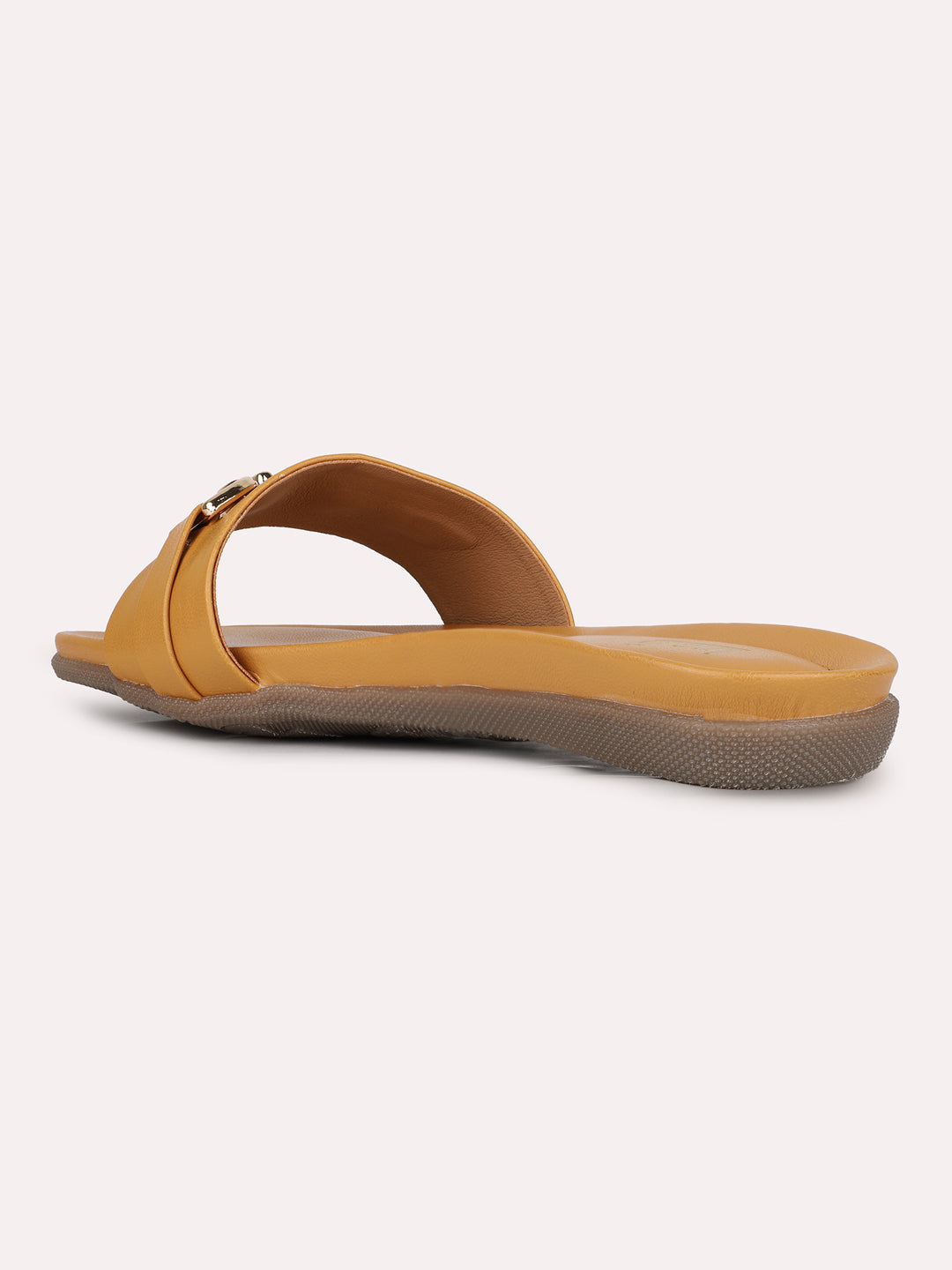 Womens Mustard Solid Round Toe Casual Flat Slip-on Sandals