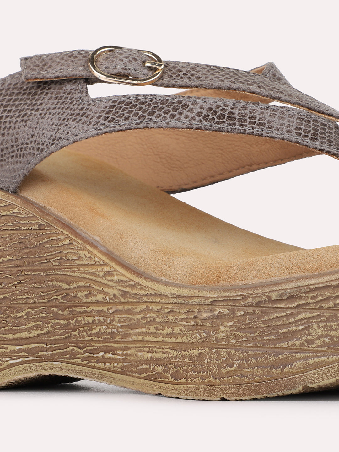 Womens Grey Casual Embellished Round Toe Wedge Heels