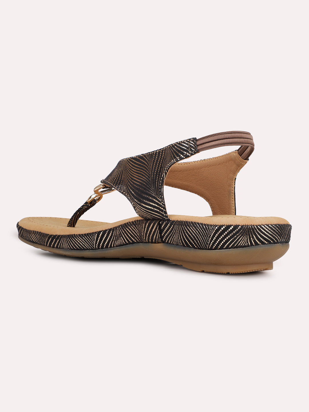 Womens Golden Printed Round Toe T-strap Fashion Sandals