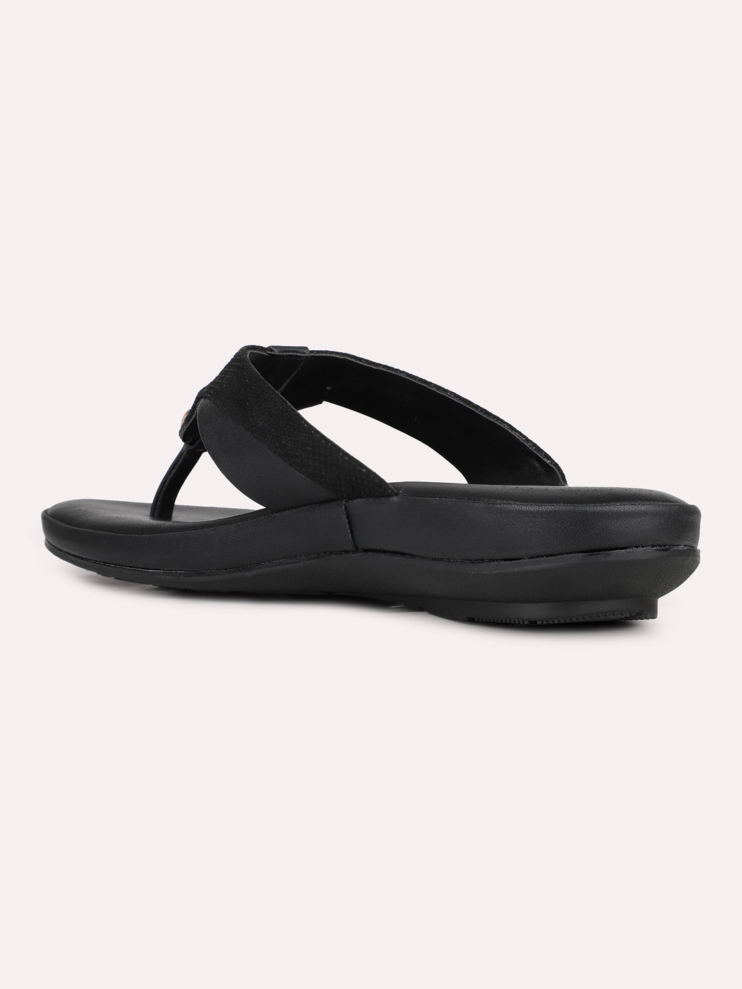 Womens Black Solid Round Toe Casual Flat Slip-on Sandals