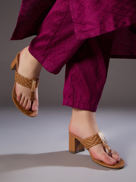 Women Beige Party Wear Embellished Round Toe Block Heels