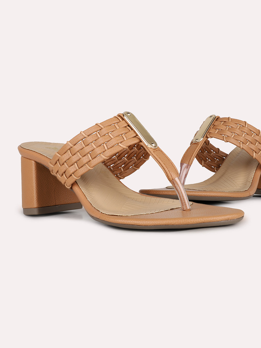 Women Beige Party Wear Embellished Round Toe Block Heel Sandals