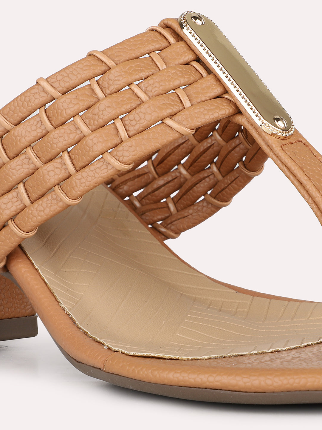 Women Beige Party Wear Embellished Round Toe Block Heel Sandals