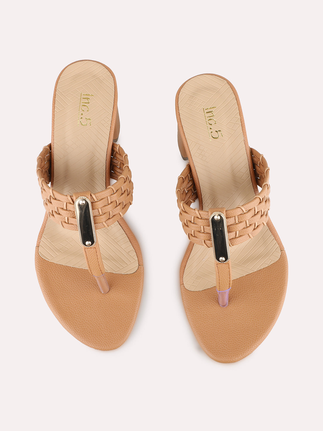 Women Beige Party Wear Embellished Round Toe Block Heel Sandals