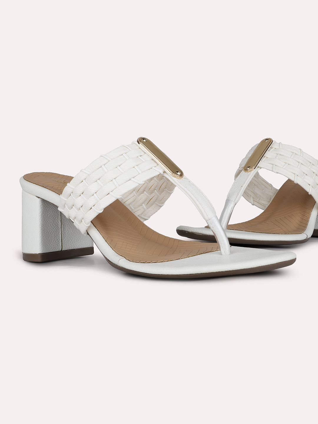 Women White Party Wear Embellished Round Toe Block Heel Sandals