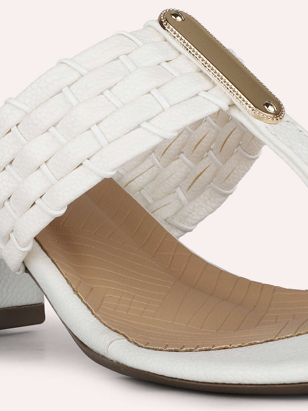 Women White Party Wear Embellished Round Toe Block Heel Sandals