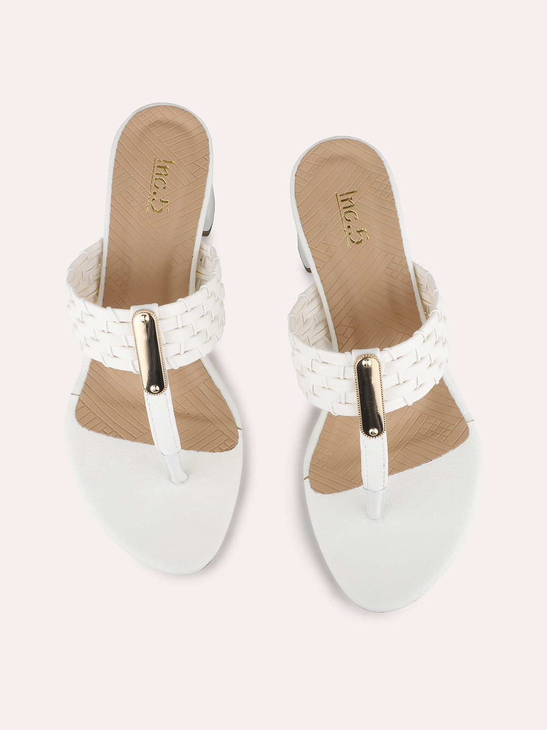 Women White Party Wear Embellished Round Toe Block Heel Sandals