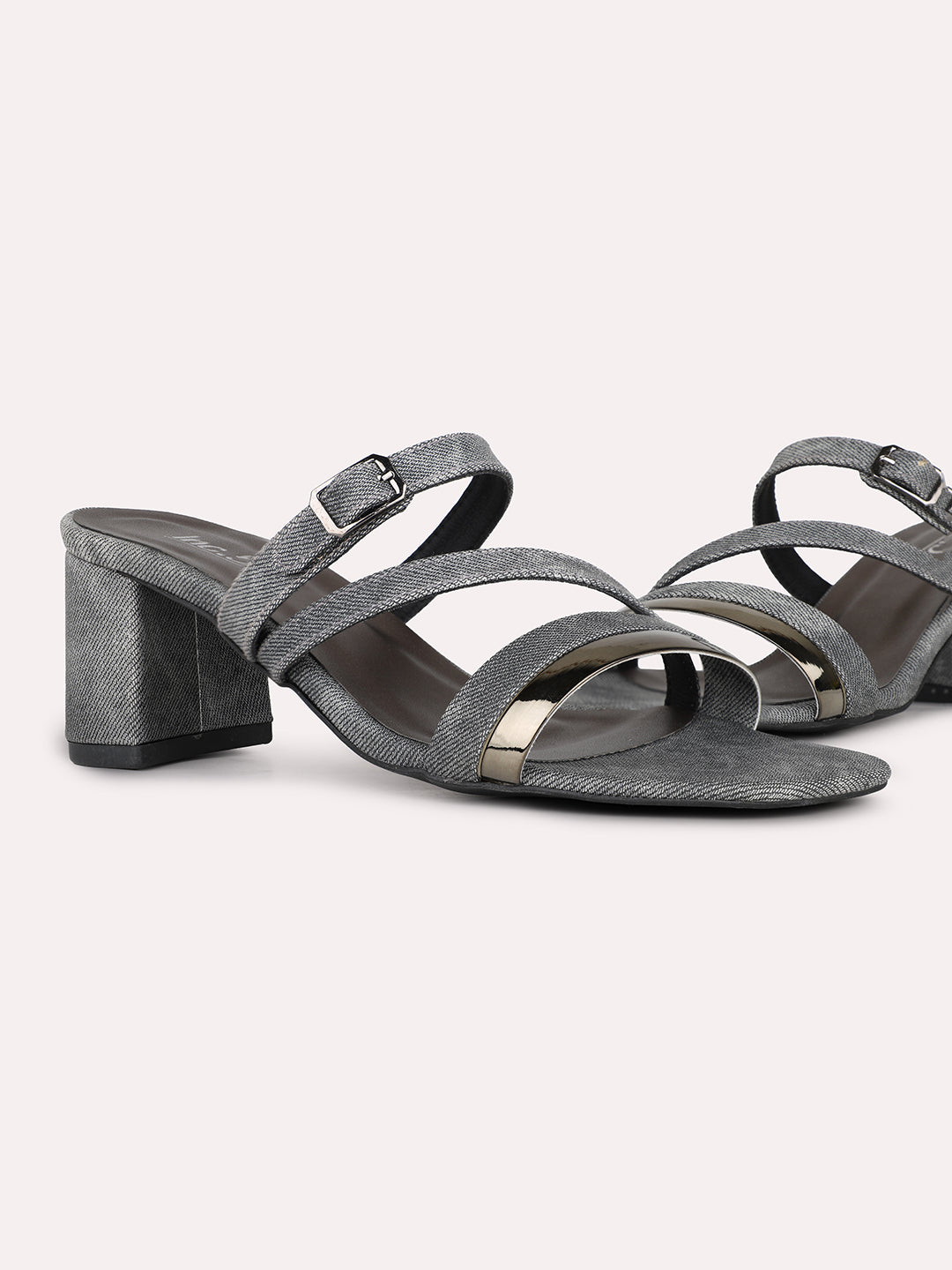 Womens Grey Printed Square Toe Party Wear Heel Mules