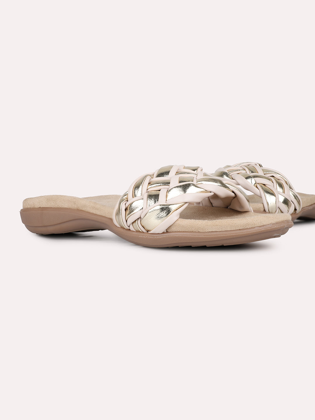 Womens Beige Printed Round Toe Casual Flat Slip-on Sandals