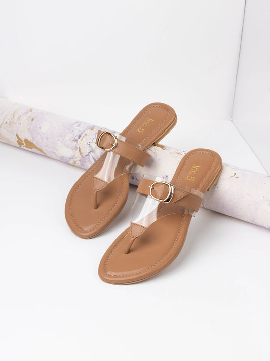 Womens Beige Solid T-Strap Party Wear Flat Sandals