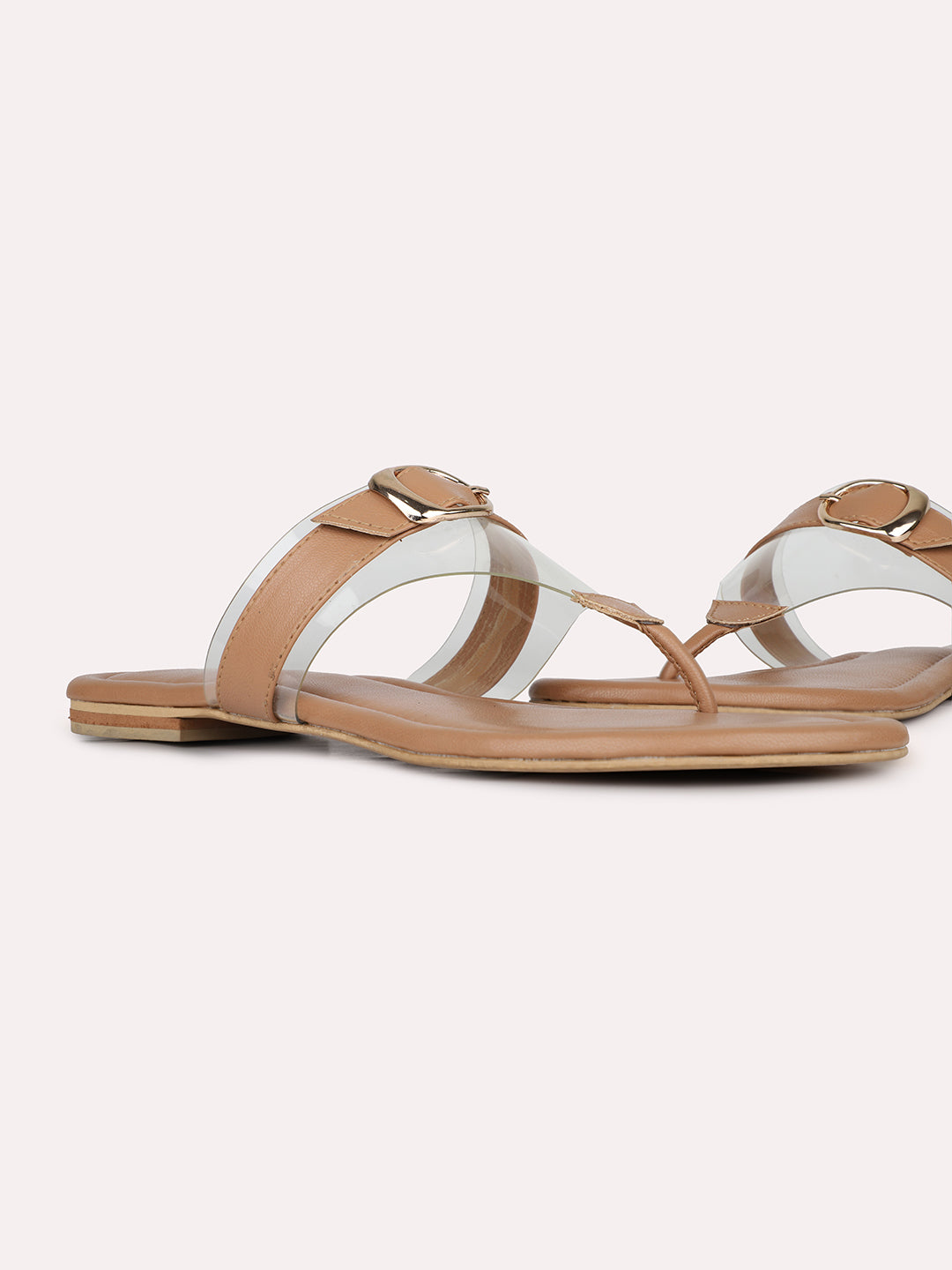 Womens Beige Solid T-Strap Party Wear Flat Sandals