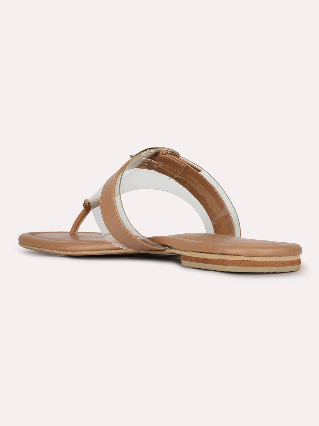 Womens Beige Solid T-Strap Party Wear Flat Sandals