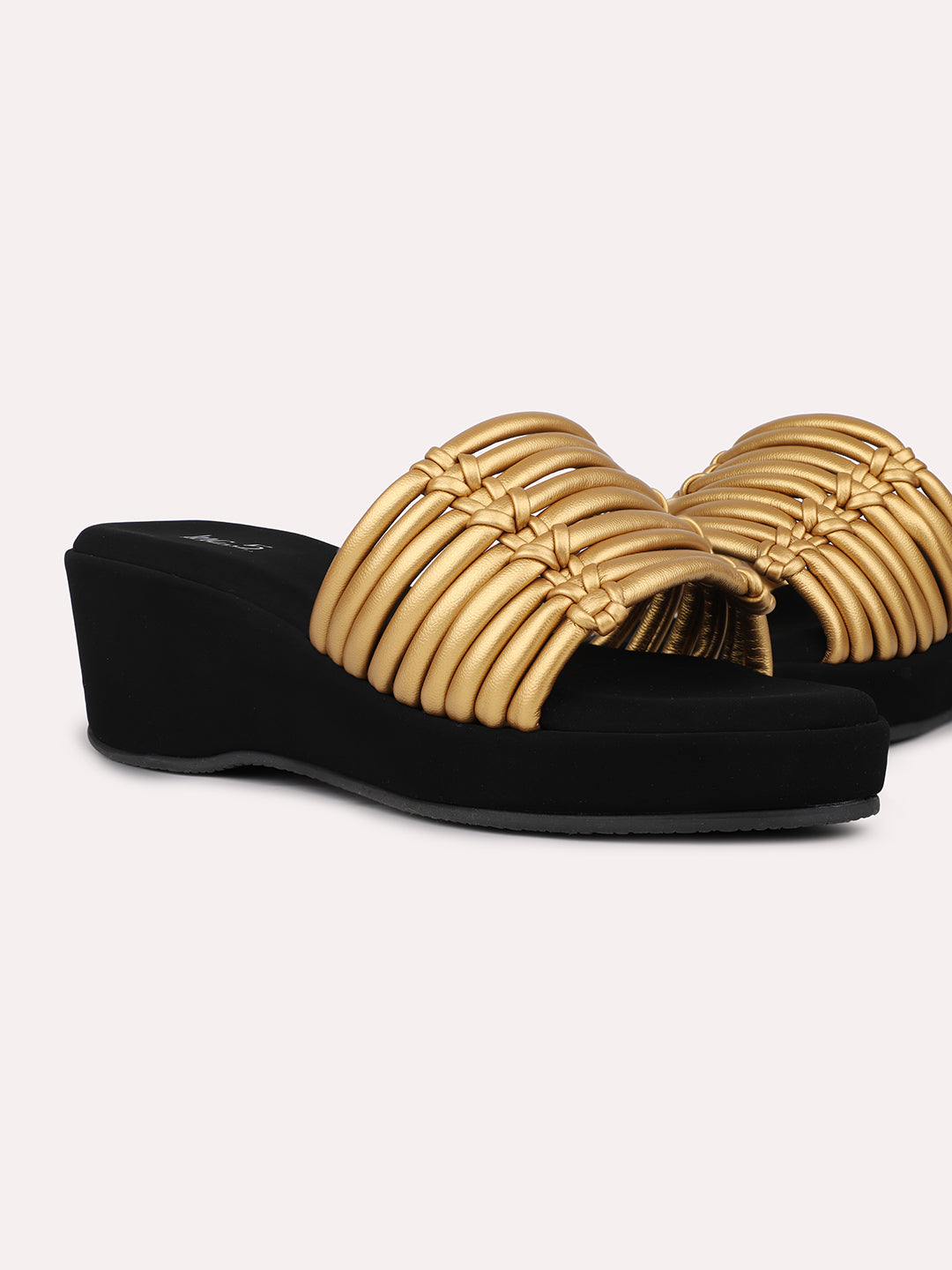 Womens Gold Casual Strappy Round Toe Wedge Mules