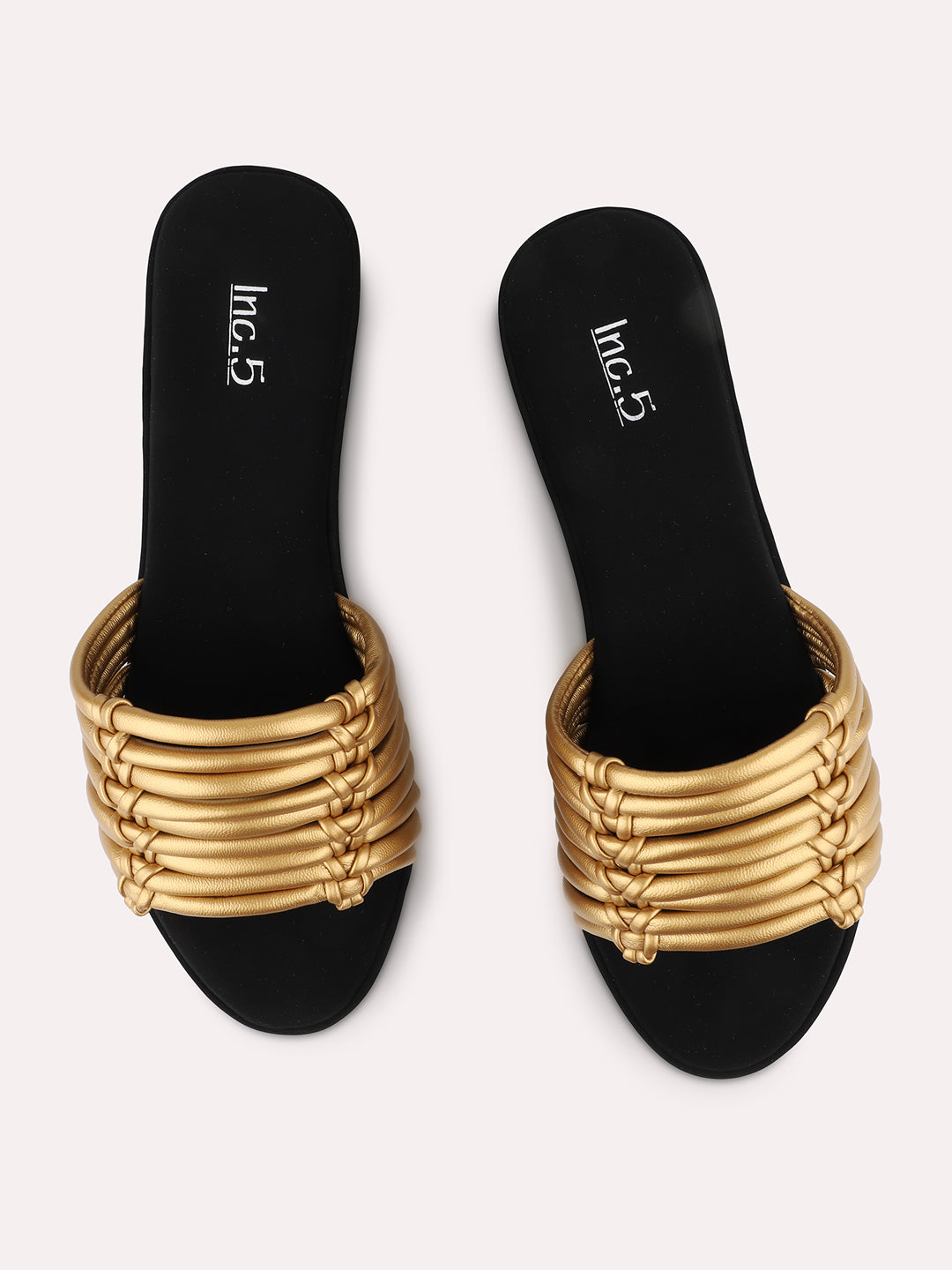 Womens Gold Casual Strappy Round Toe Wedge Mules