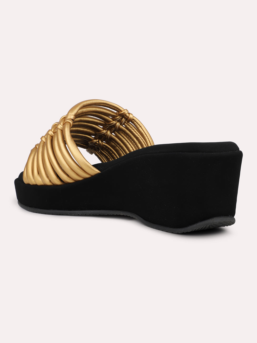 Womens Gold Casual Strappy Round Toe Wedge Mules