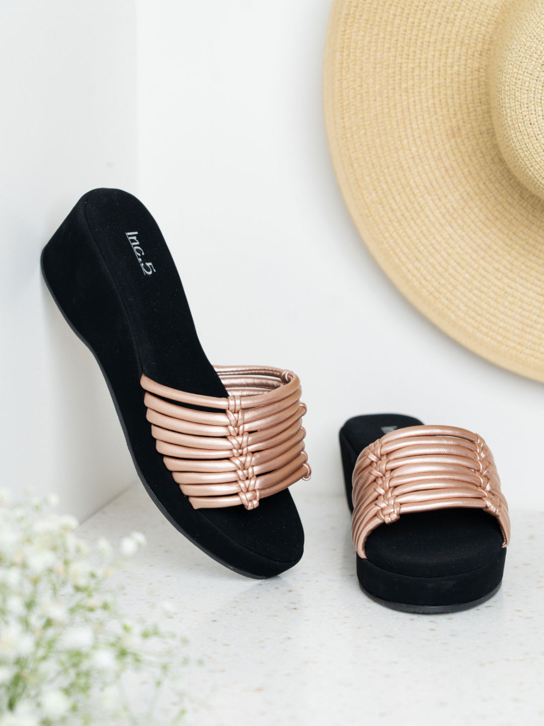 Womens Rose Gold Casual Strappy Round Toe Wedge Mules