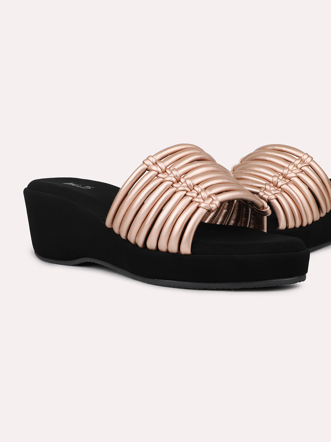 Womens Rose Gold Casual Strappy Round Toe Wedge Mules