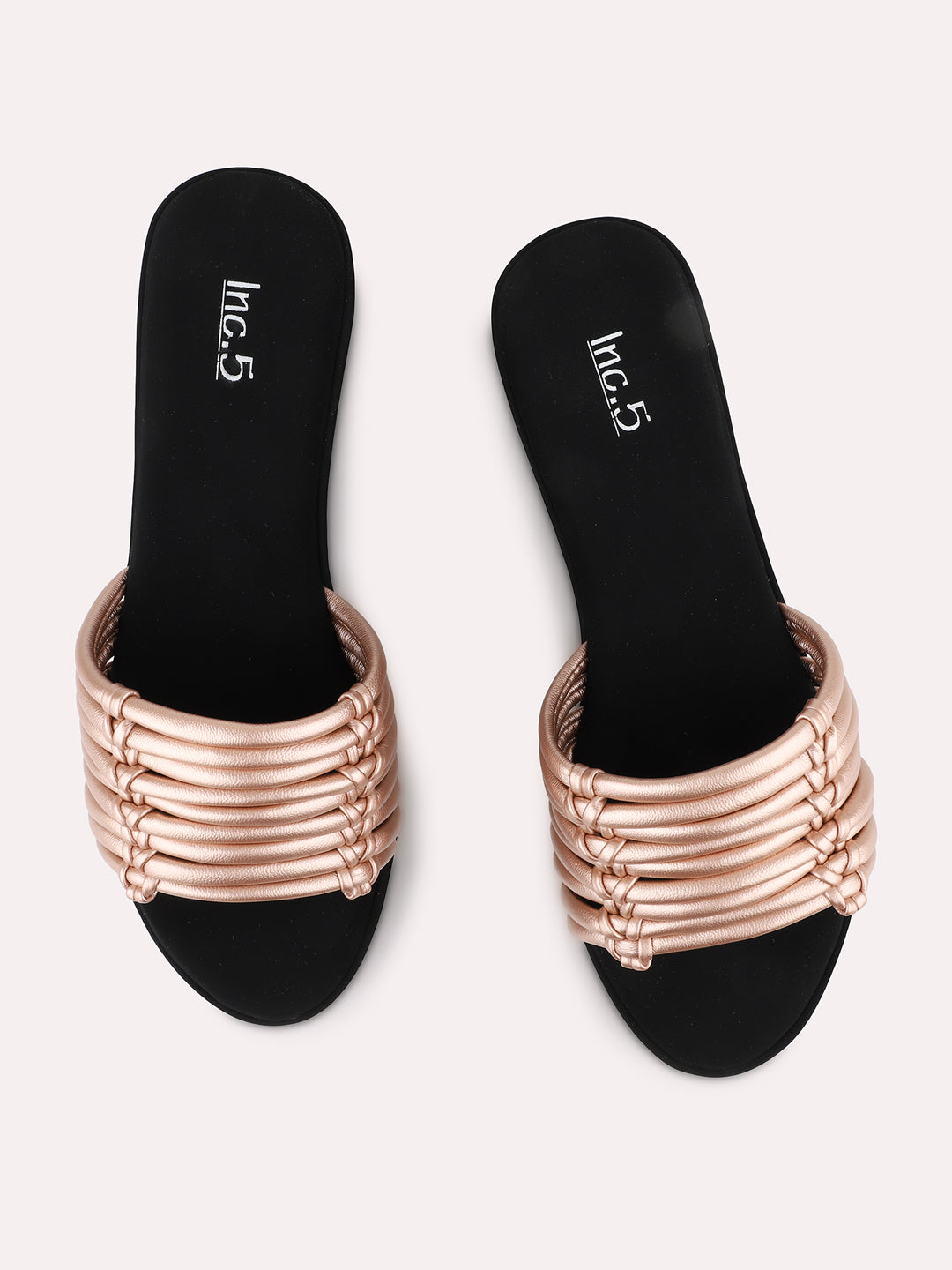 Womens Rose Gold Casual Strappy Round Toe Wedge Mules