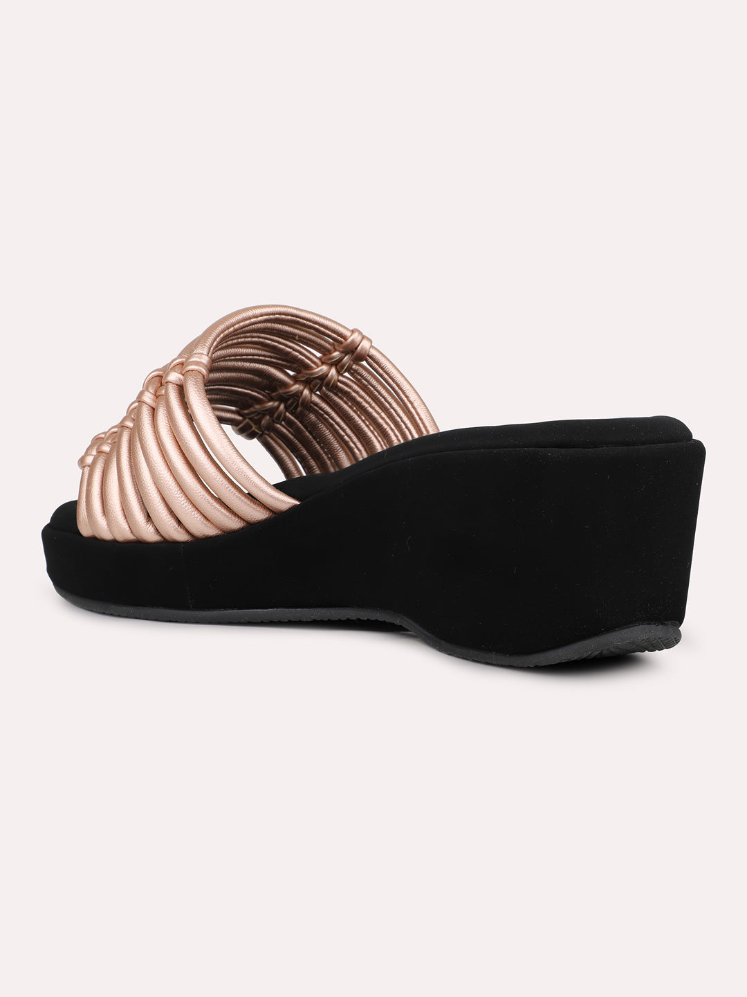 Womens Rose Gold Casual Strappy Round Toe Wedge Mules