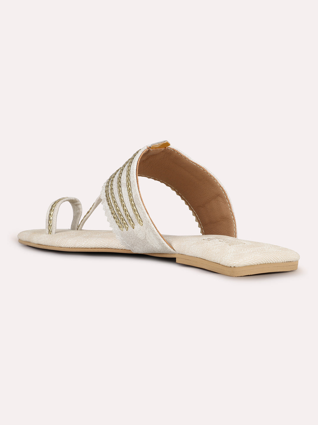 Womens Cream Square Toe Party Wear Kolhapuri Flat Slip-on Sandals