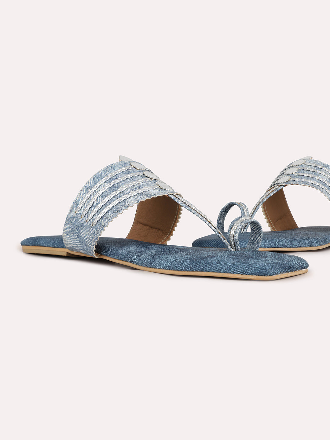 Womens Navy Square Toe Party Wear Kolhapuri Flat Slip-on Sandals