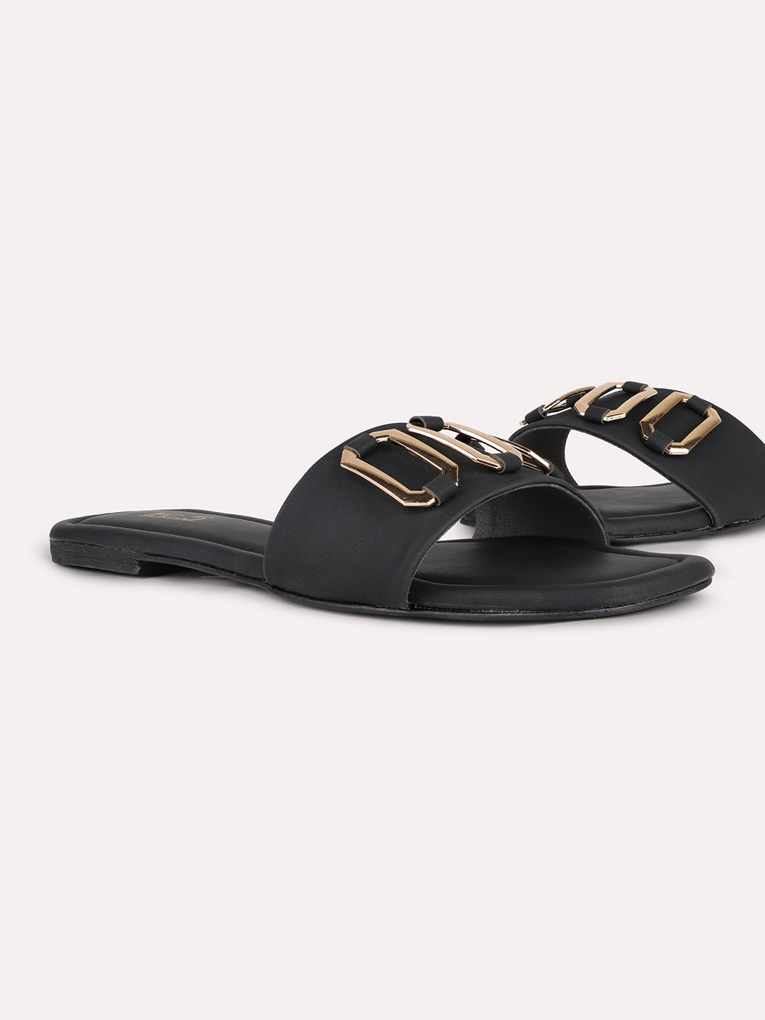 Women Black Casual Solid Pattern Open Toe Flats Slip-On Sandals
