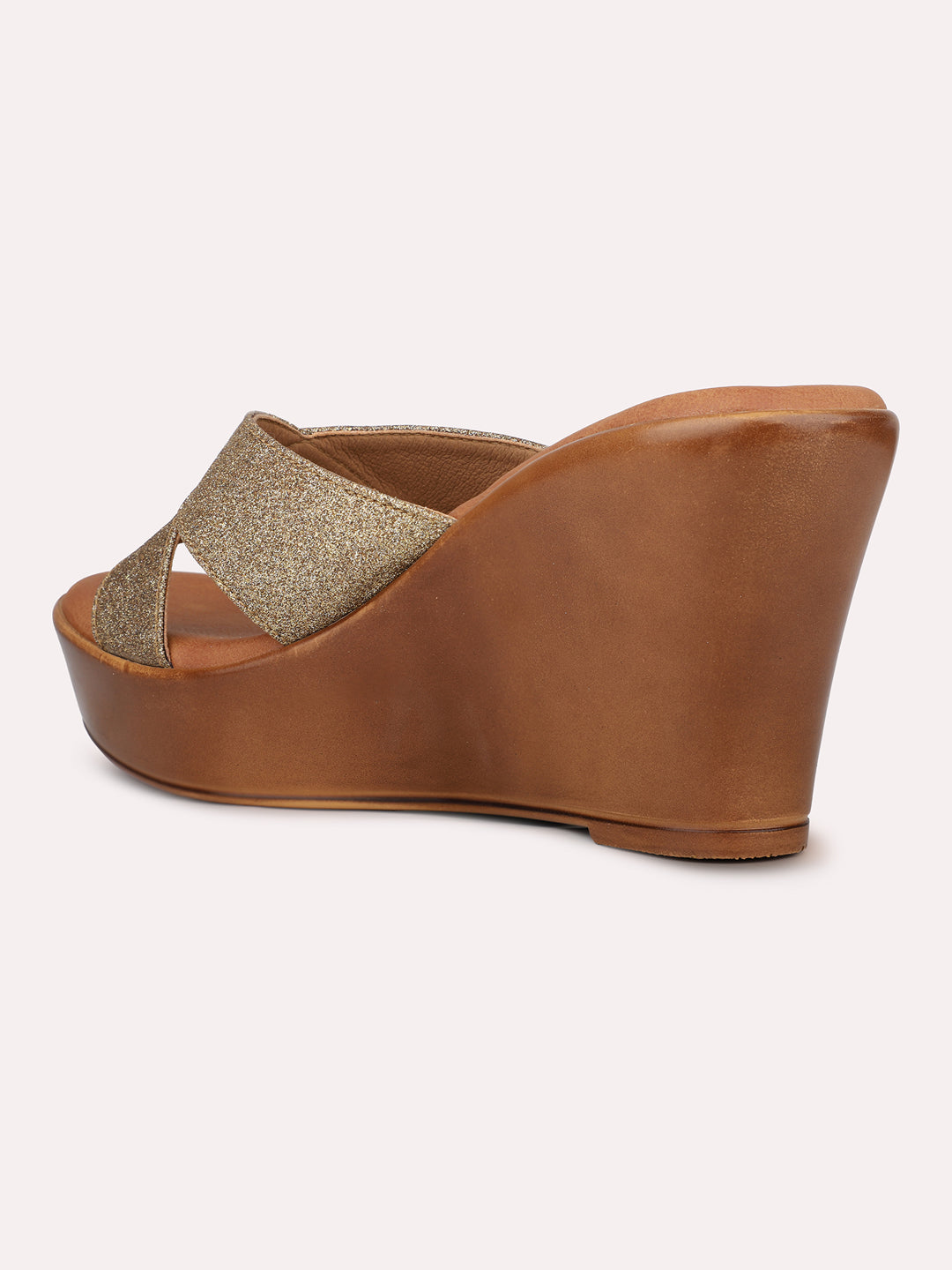 Womens Gold Party Wear Solid Round Toe Wedge Mules