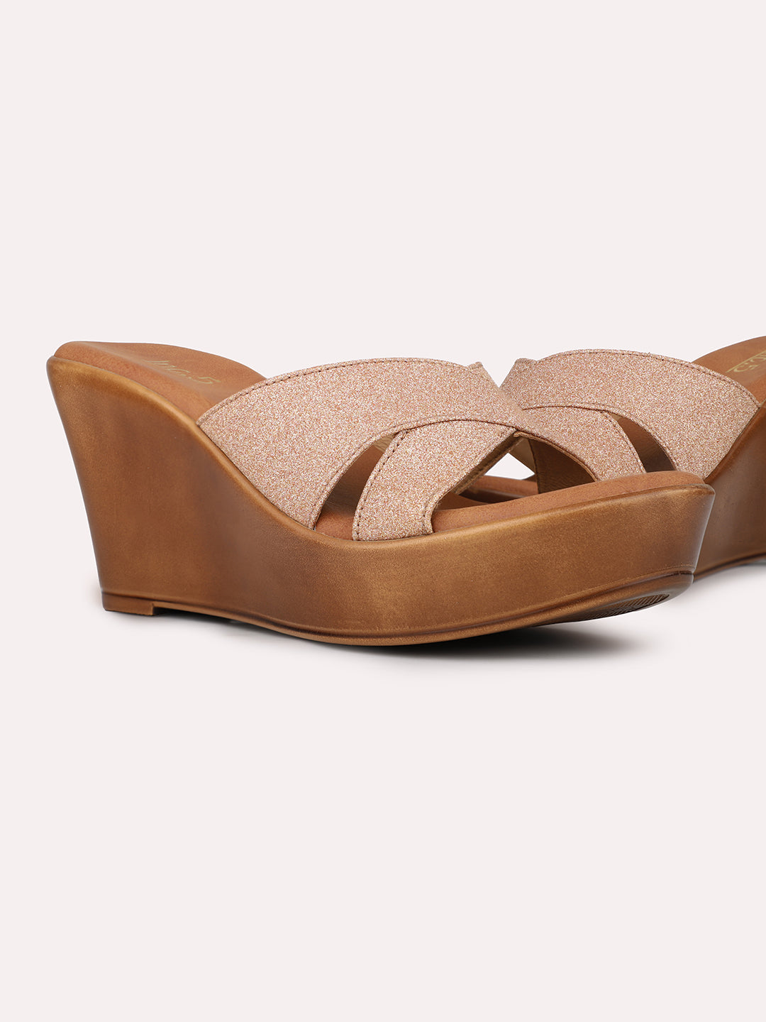 Womens Rose Gold Party Wear Solid Round Toe Wedge Mules