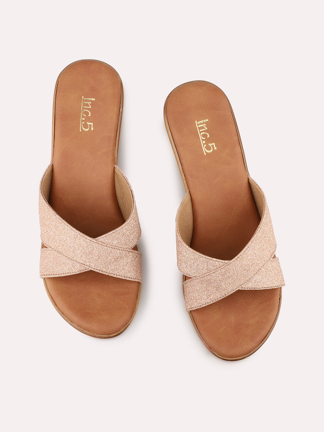 Womens Rose Gold Party Wear Solid Round Toe Wedge Mules