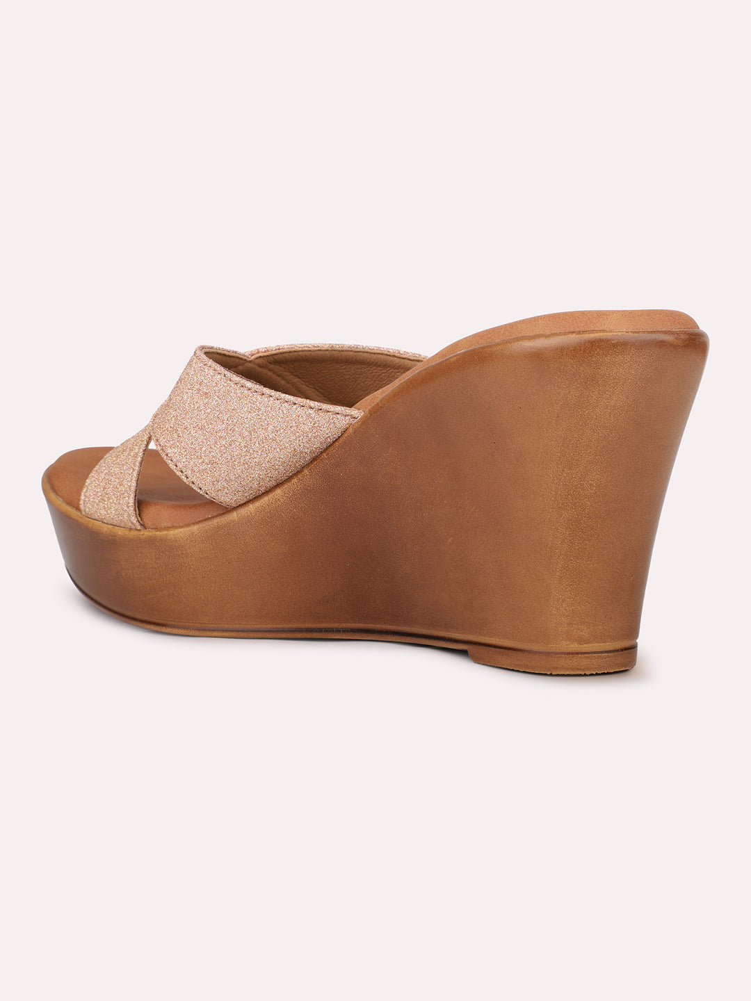 Womens Rose Gold Party Wear Solid Round Toe Wedge Mules