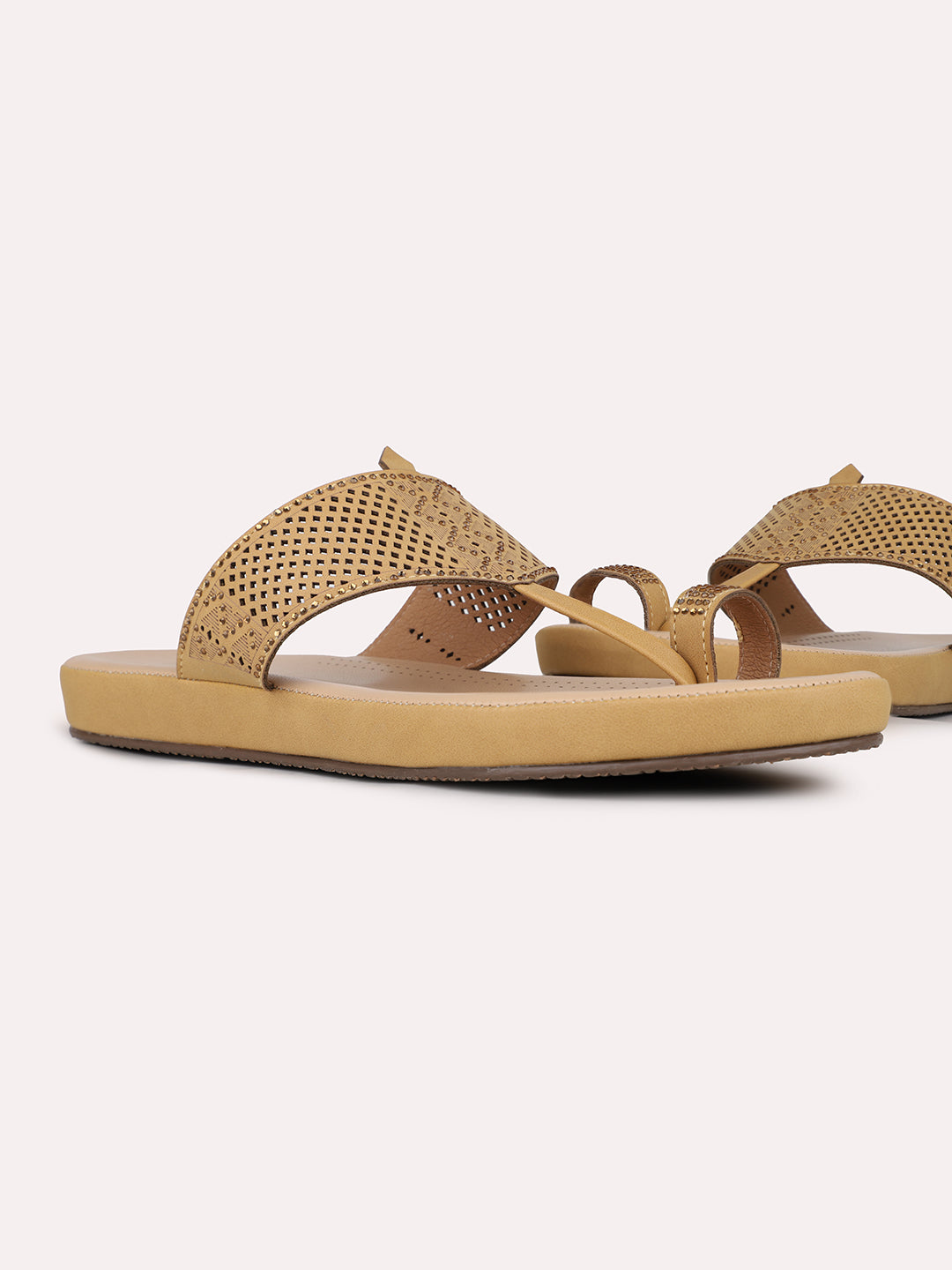 Womens Beige Solid Round Toe Party Wear Flat Slip-on Sandals