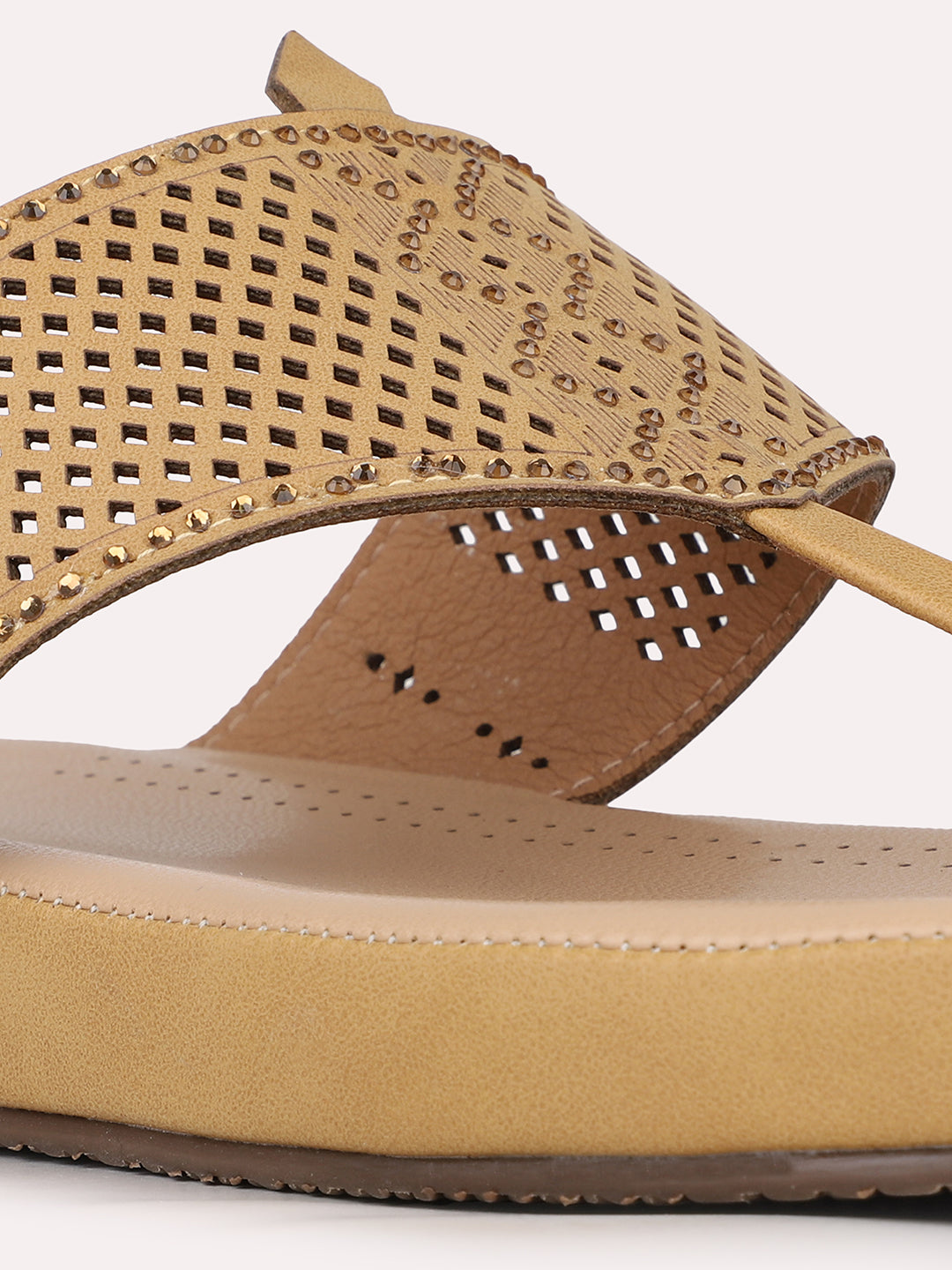 Womens Beige Solid Round Toe Party Wear Flat Slip-on Sandals