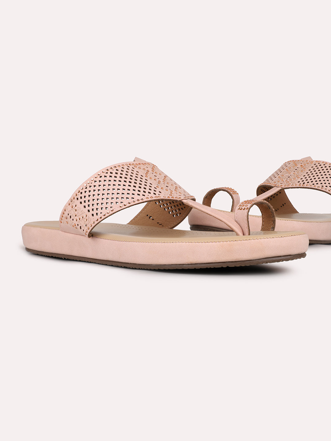 Womens Peach Solid Round Toe Party Wear Flat Slip-on Sandals