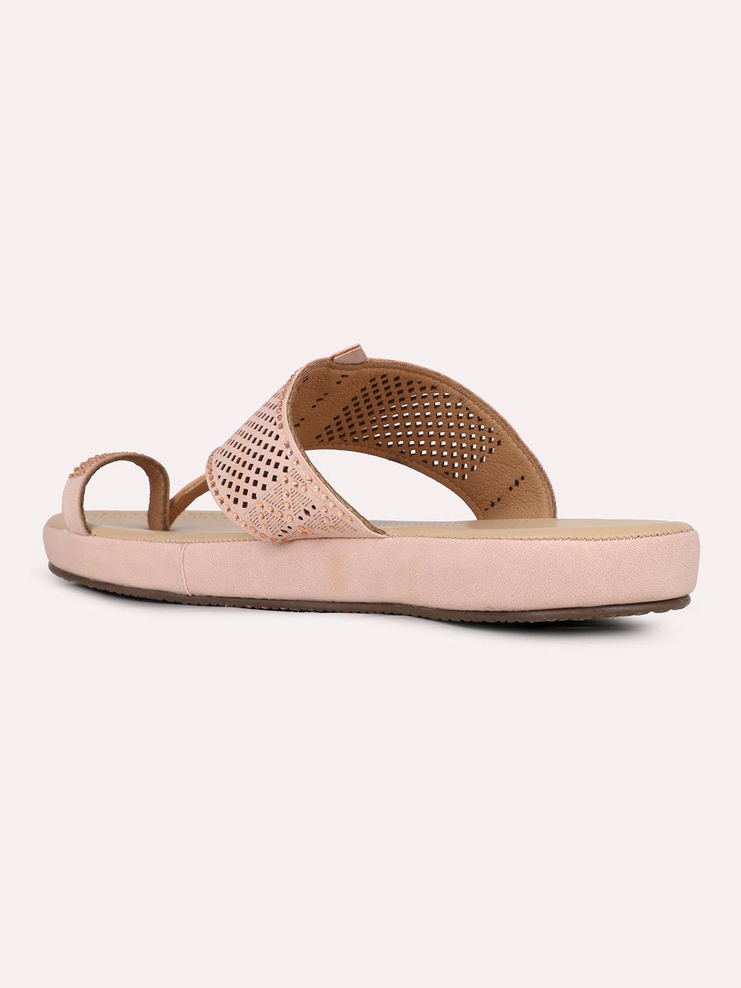 Womens Peach Solid Round Toe Party Wear Flat Slip-on Sandals