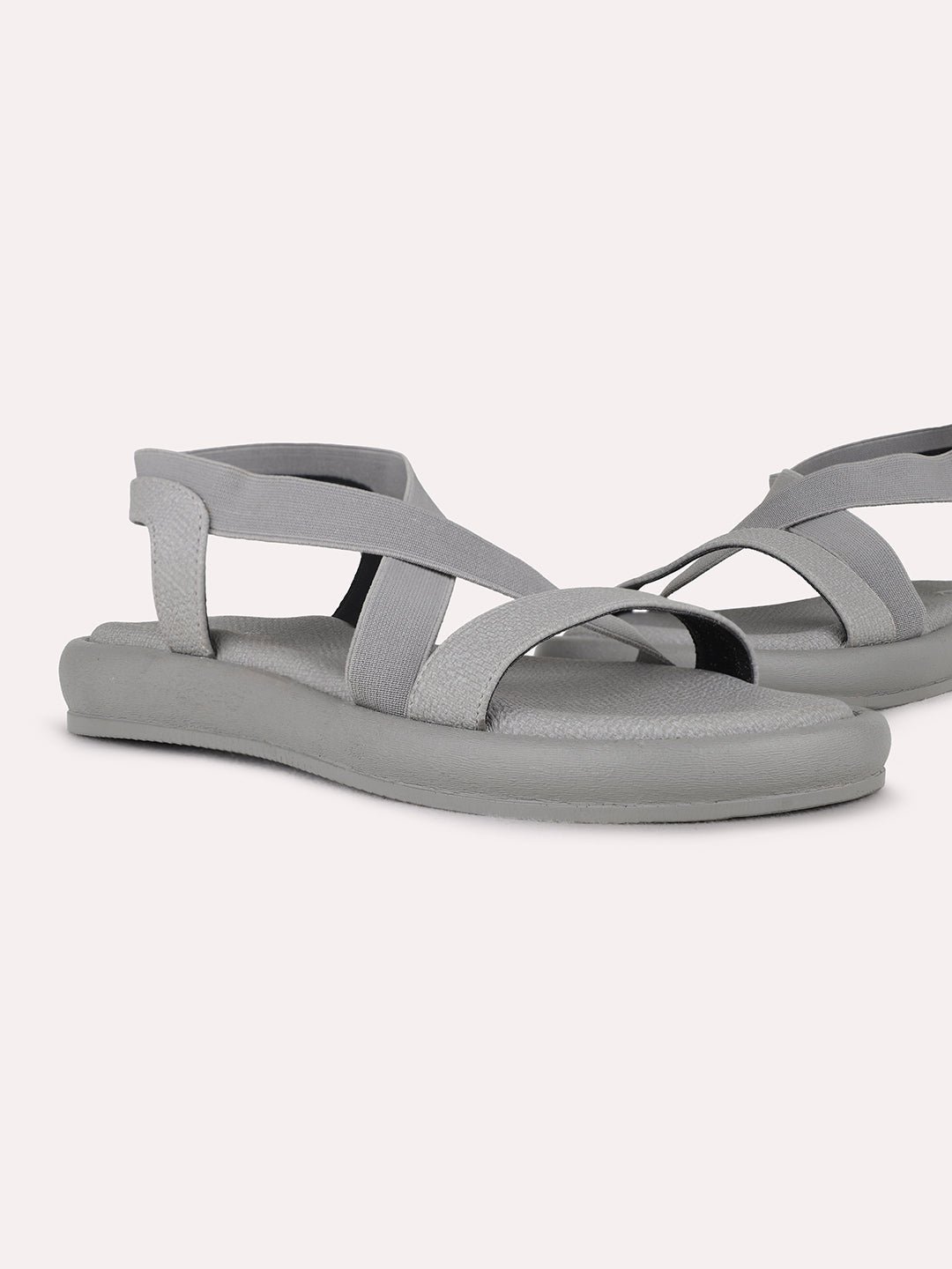 Womens Grey Casual Striped Open Toe Flat Sandals