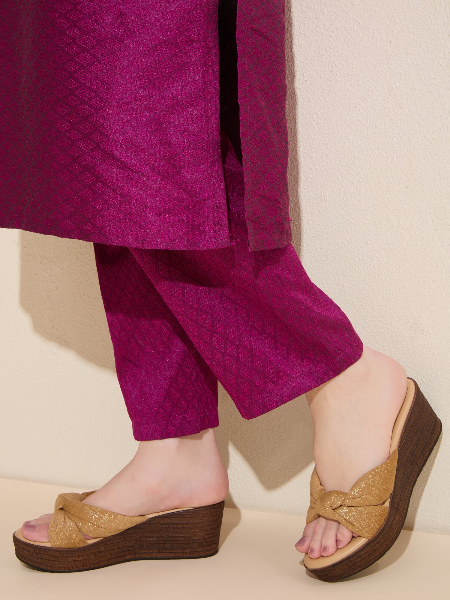 Womens Beige Party Wear Printed Round Toe Wedge Heel Sandals