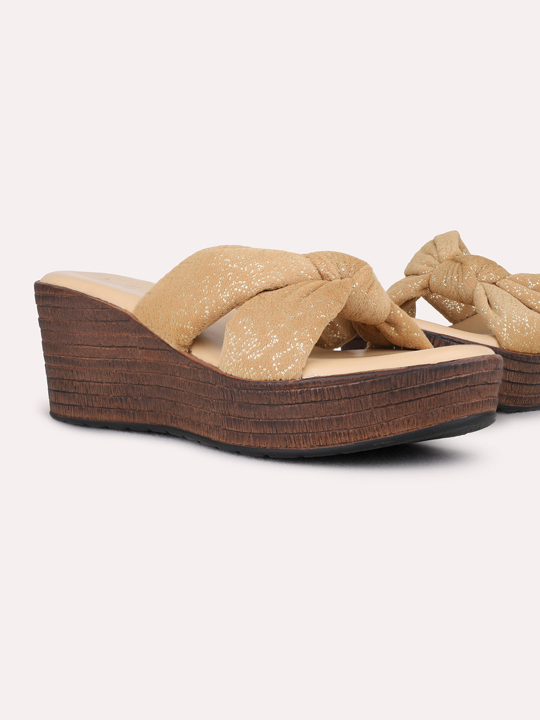 Womens Beige Party Wear Printed Round Toe Wedge Heel Sandals