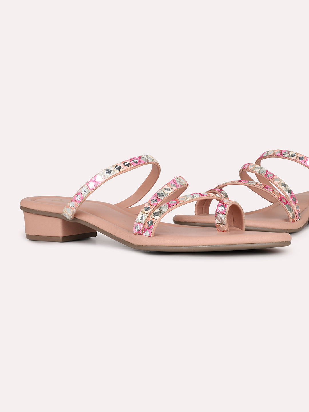 Womens Peach Striped Round Toe Party Wear Heel Sandals