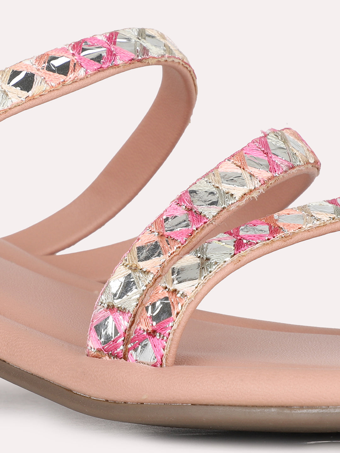 Womens Peach Striped Round Toe Party Wear Heels
