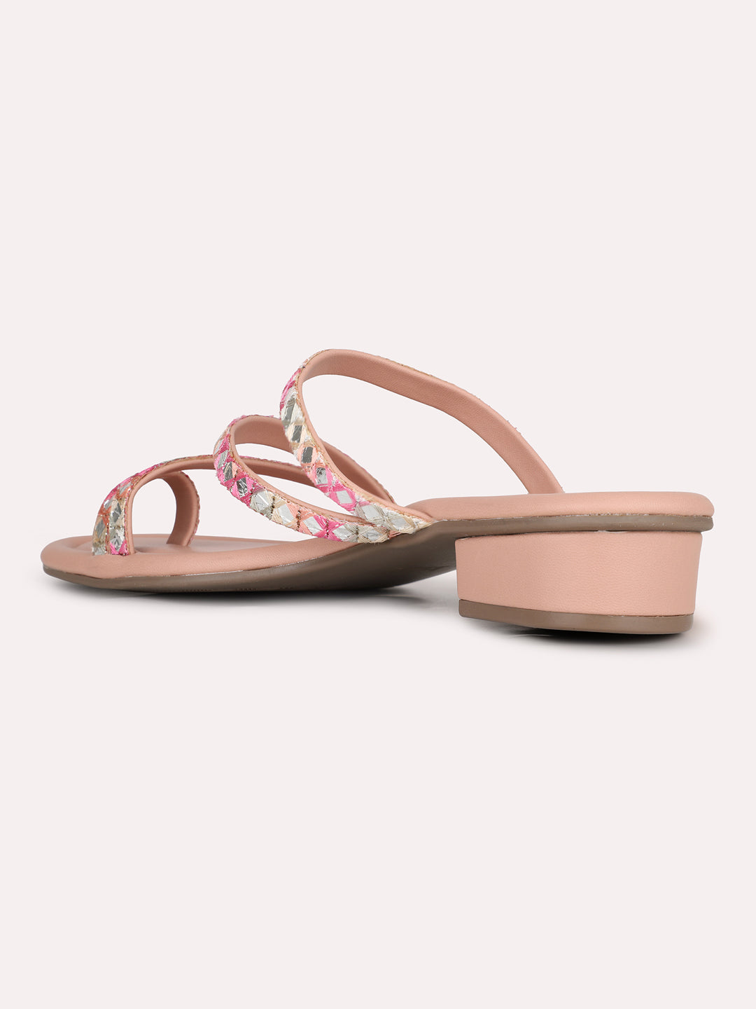 Womens Peach Striped Round Toe Party Wear Heels