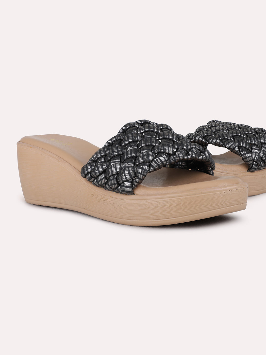 Womens Black Party Wear Printed Round Toe Wedge Heel Sandals