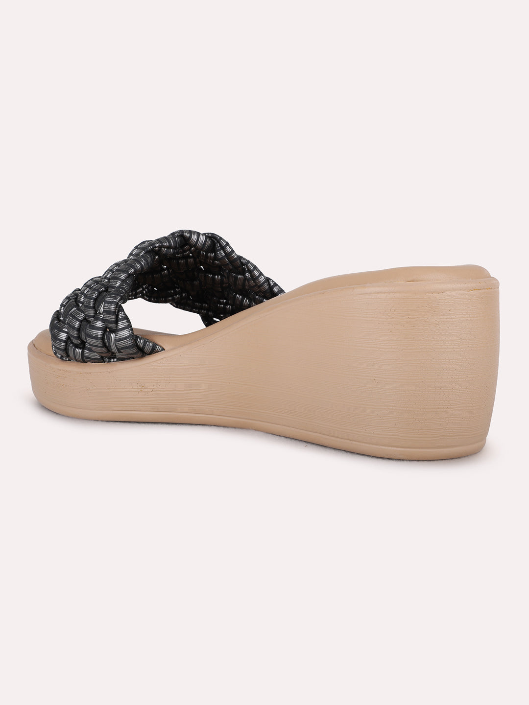 Womens Black Party Wear Printed Round Toe Wedge Heel Sandals