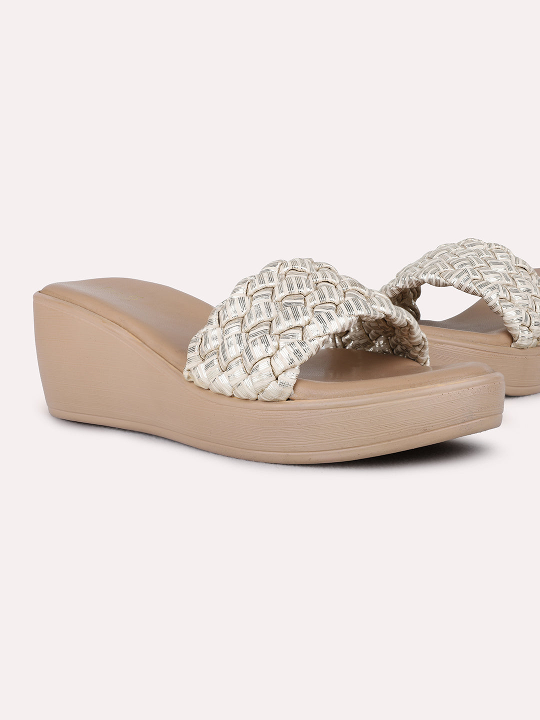 Womens Golden Party Wear Printed Round Toe Wedge Heel Sandals