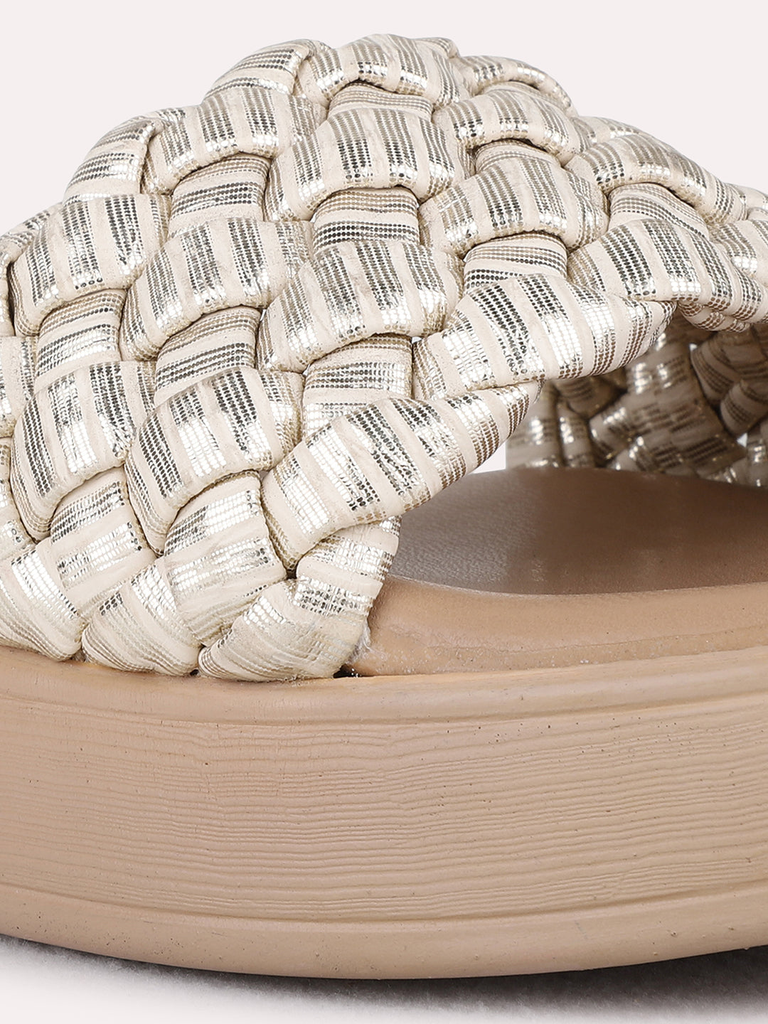 Womens Golden Party Wear Printed Round Toe Wedge Heel Sandals