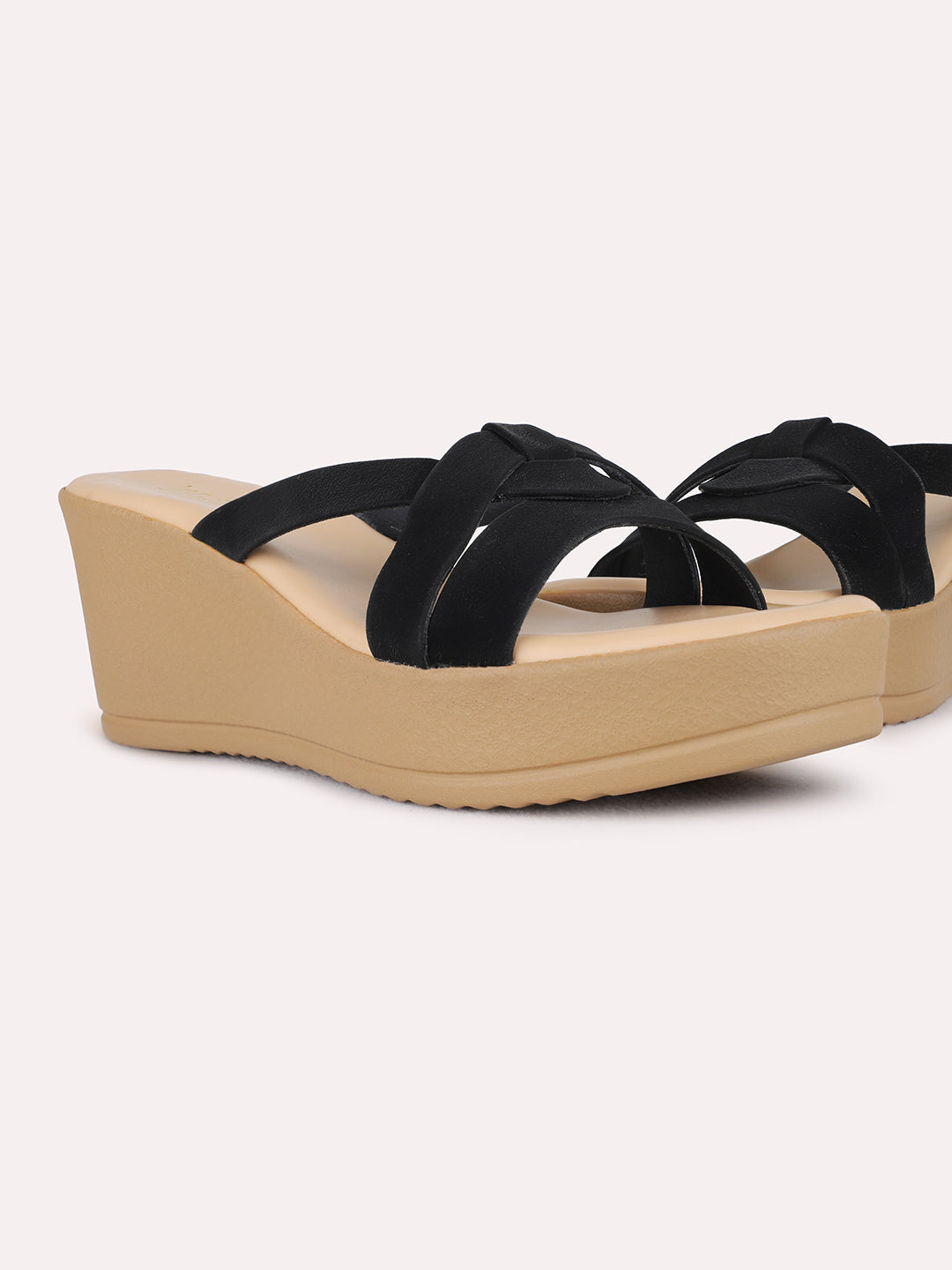 Womens Black Party Wear Striped Round Toe Wedge Heel Sandals