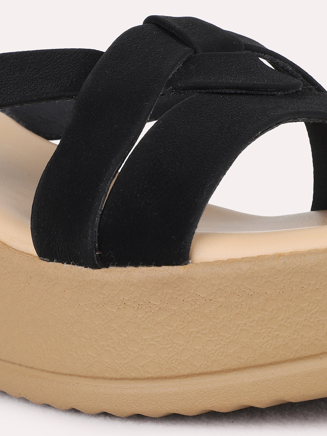 Womens Black Party Wear Striped Round Toe Wedge Heel Sandals