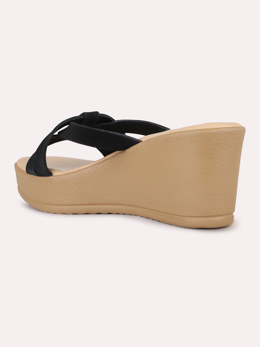 Womens Black Party Wear Striped Round Toe Wedge Heel Sandals