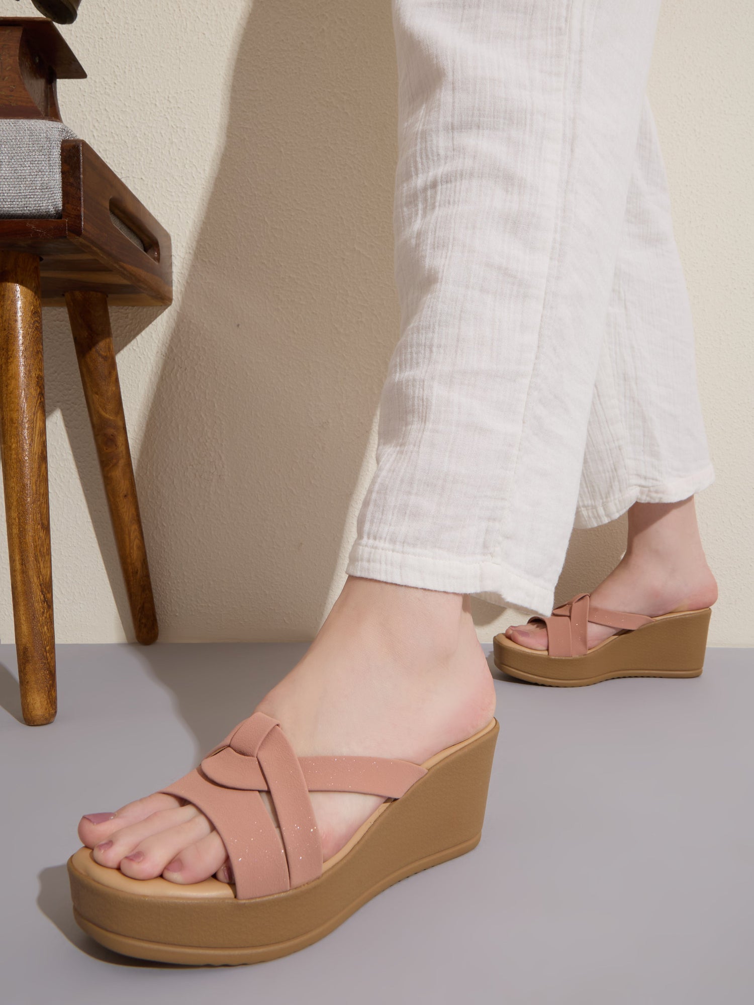 Womens Peach Party Wear Striped Round Toe Wedge Heel Sandals