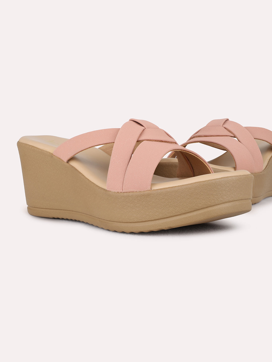 Womens Peach Party Wear Striped Round Toe Wedge Heel Sandals