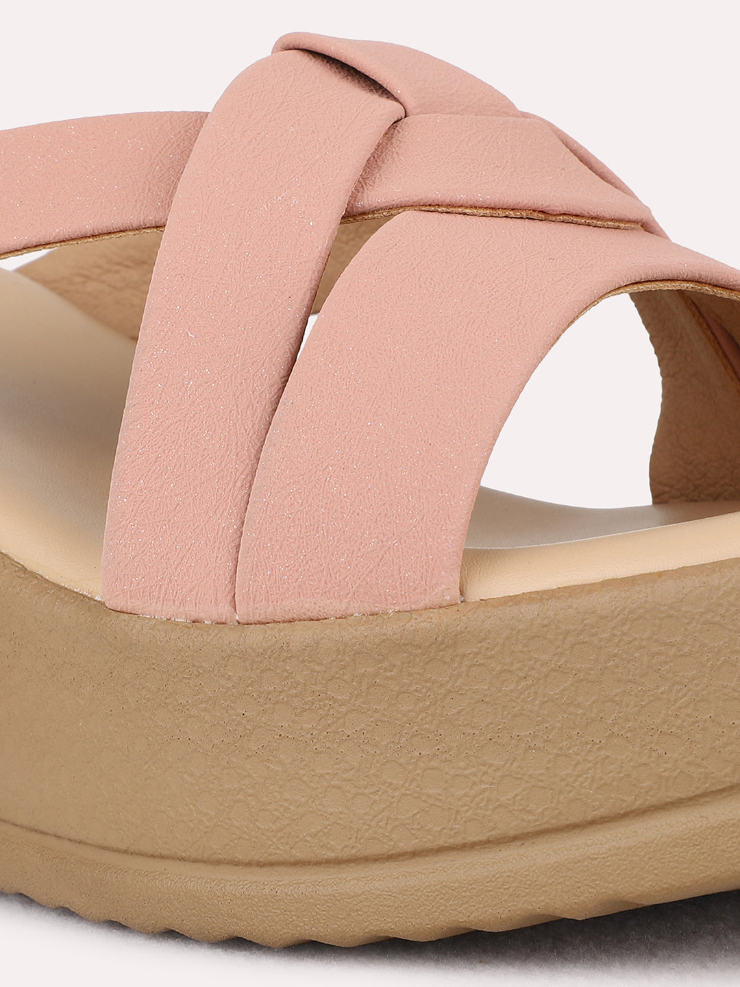 Womens Peach Party Wear Striped Round Toe Wedge Heel Sandals